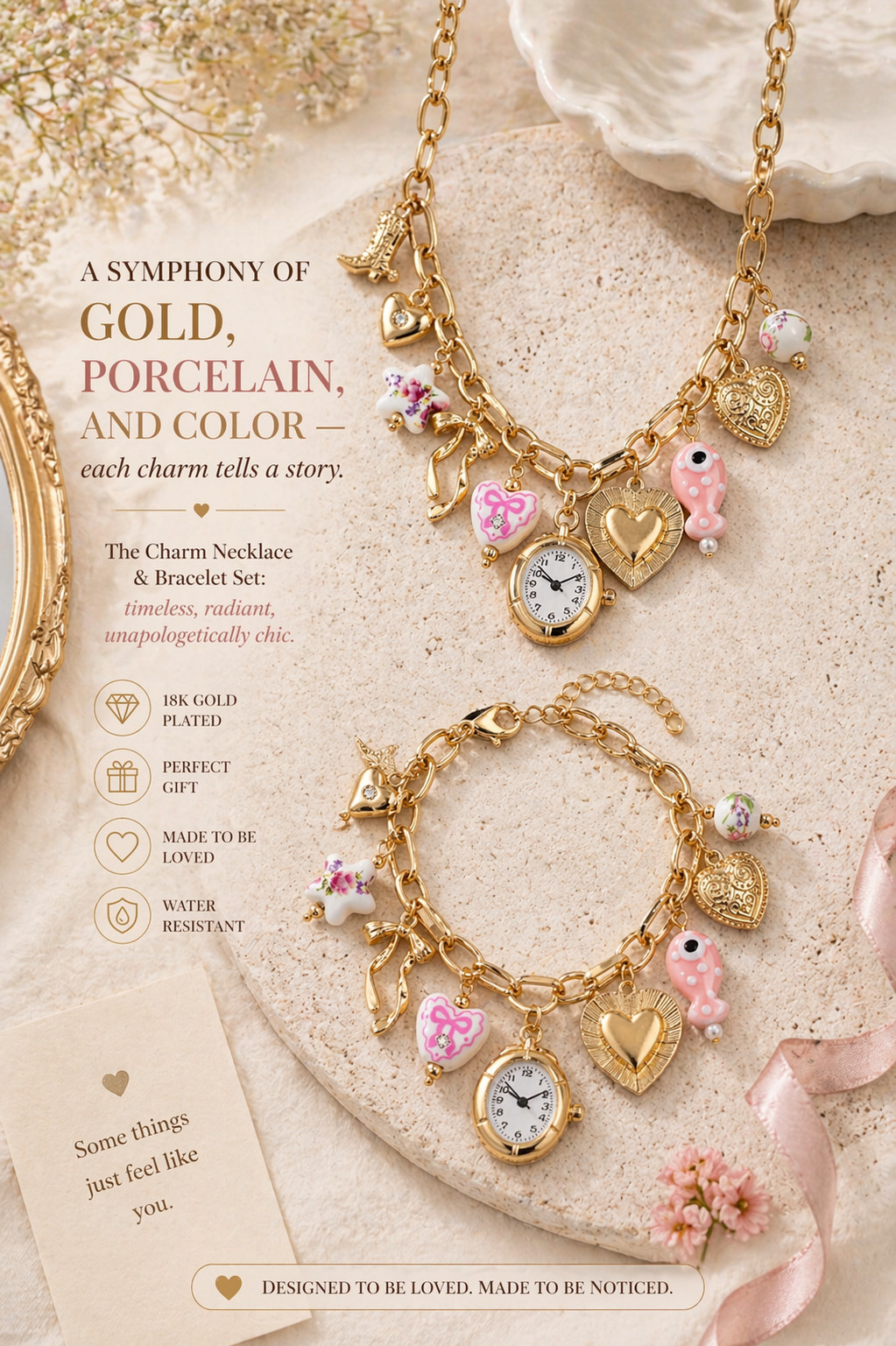 Pink Ceramic Gold Charm Necklace & Bracelet Set, Faux Watch Y2K Coquette Set