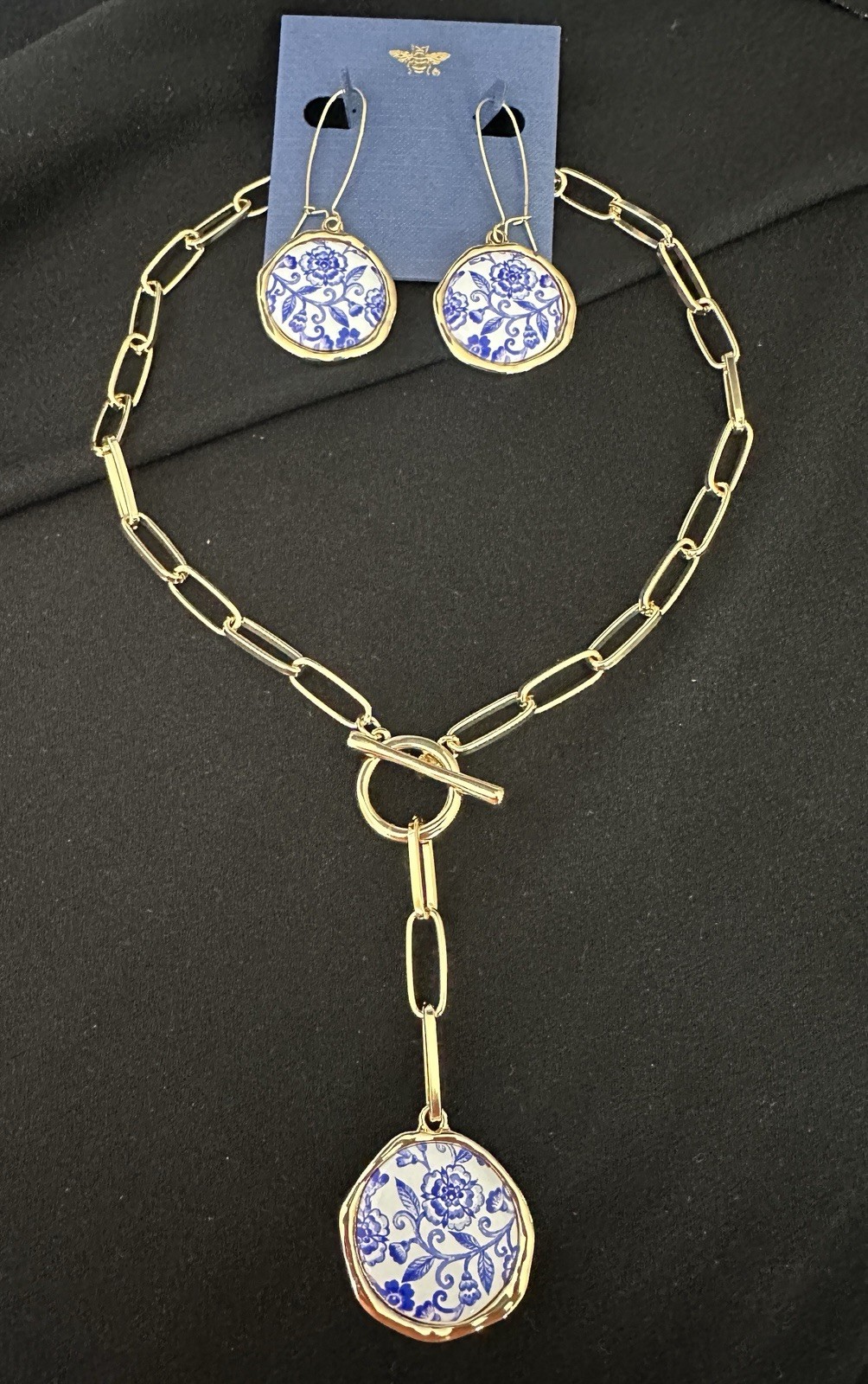 Set White/ Blue Floral Tile Necklace / Earrings