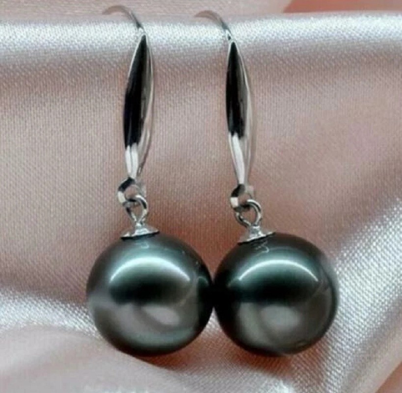 Gorgeous AAAA9-10mm Natural Tahitian Black Pearl Earrings 14k White Gold