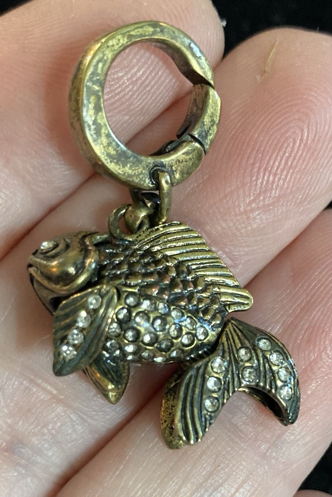 RARE Fossil Brand Vintage Articulated Fish Charm Pendant Brasstone Rhinestones