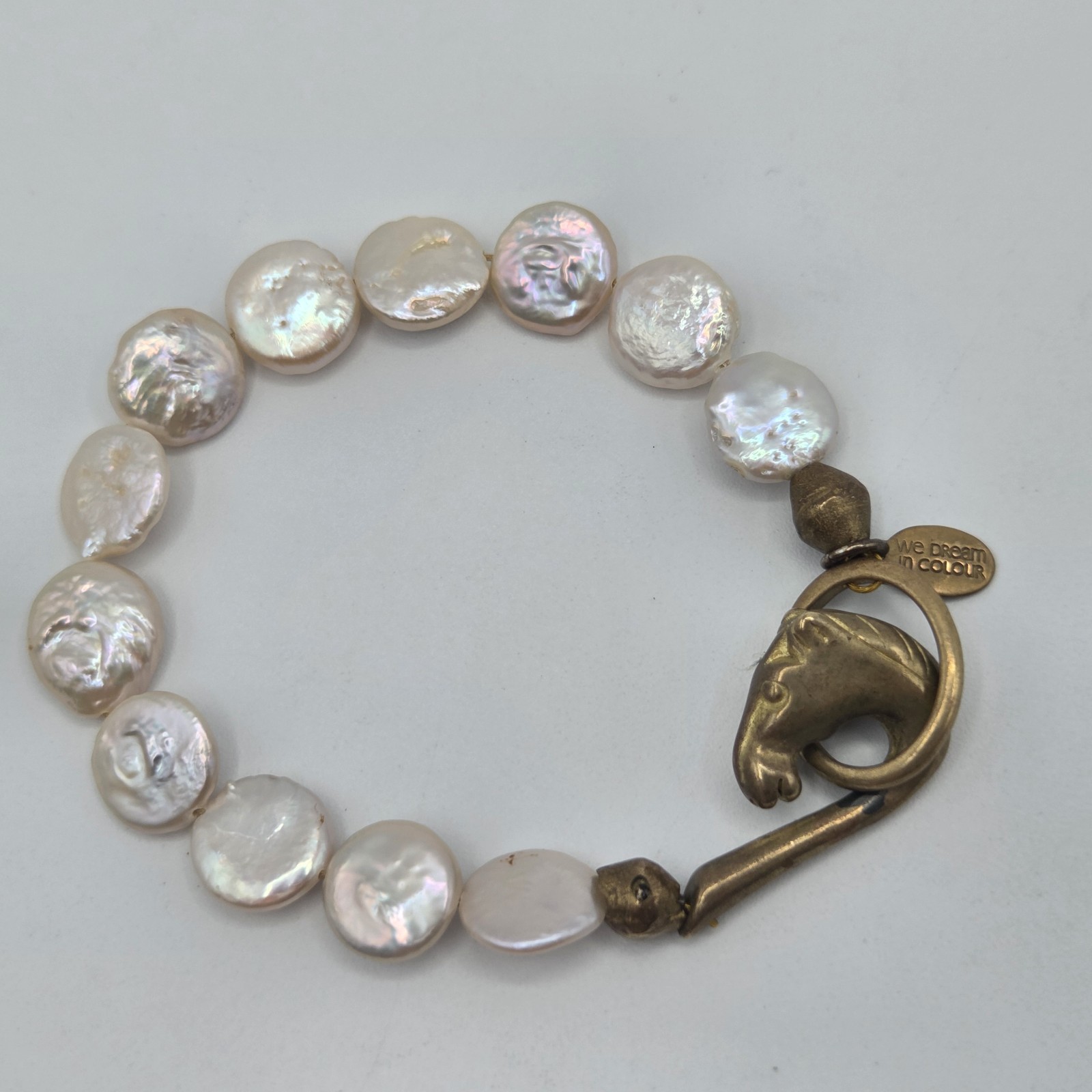 We Dream in Colour Horse Clasp Coin Pearl Bracelet 6.5″ to 7″ Nautical Brass