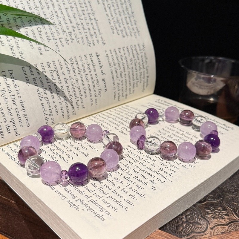 13mm Natural Amethyst and White Crystal Handmade Bracelet