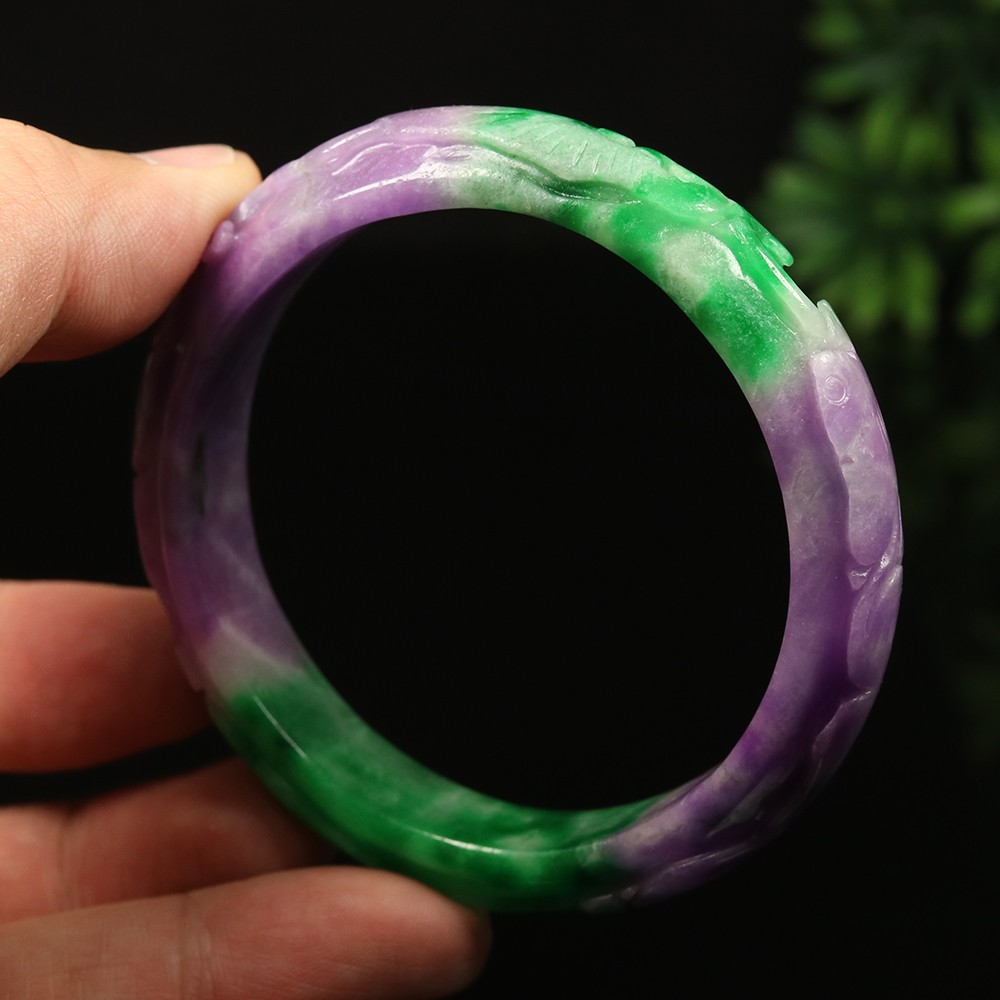 59mm Lavender Purple Green Jadeite Jade Bangle Bracelet Ruyi Rabbit A-14567