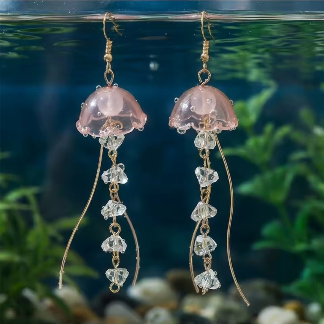 Pink Jellyfish Beach Dangle Drop Earrings Glass Beads, Hook Closure