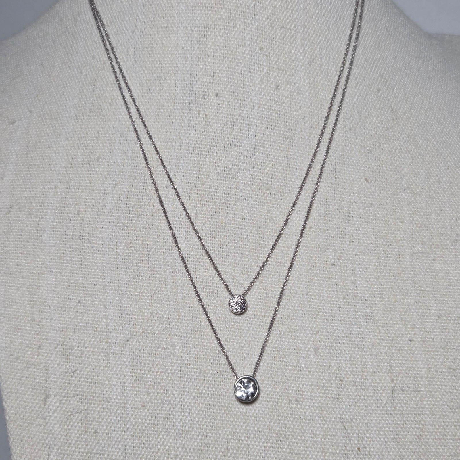 2-Strand Layered CZ Necklace Silver Tone Pave Cluster Bezel Set Solitaire Chic