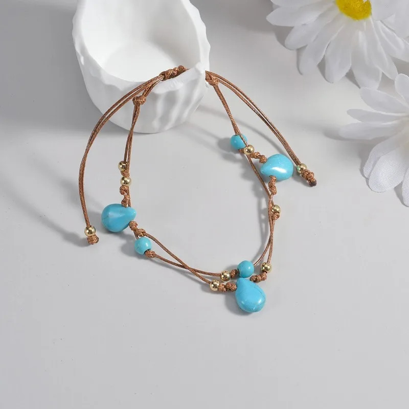 Bohemian Turquoise Beaded Anklet Double-Layer Adjustable Braided Rope Foot Chain