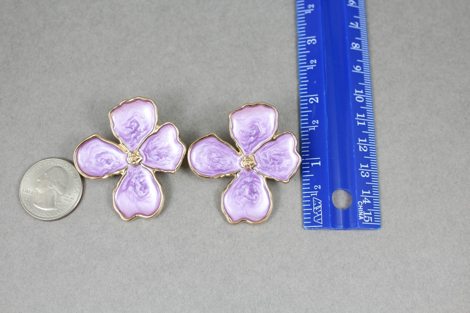 purple Big flower earrings enamel stud post daisy petal 1 .75″ long dogwood