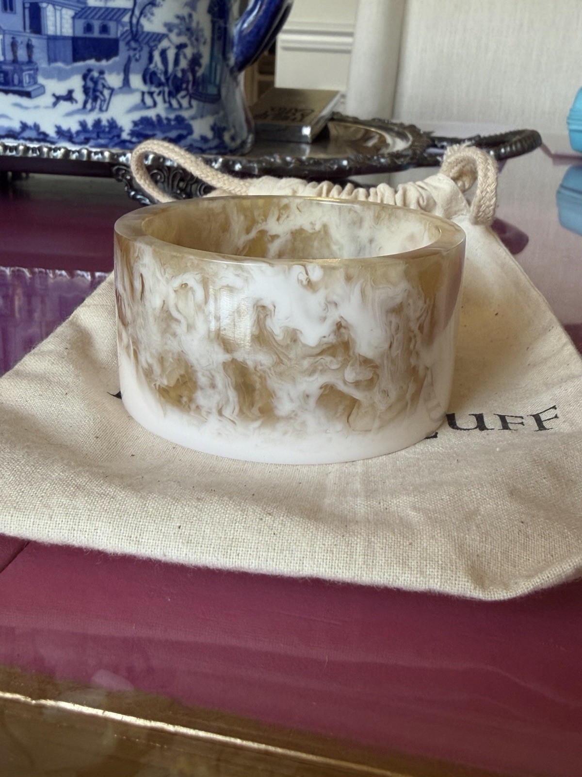 Rustic Cuff Ivory Marbled Resin Cuff Bracelet Bronze Cross Medallion OS