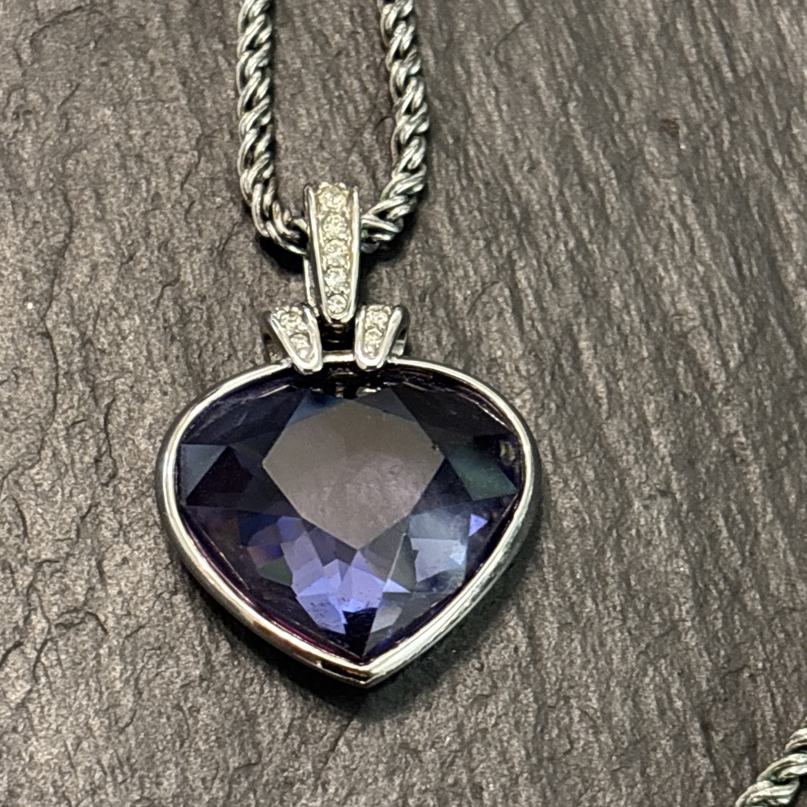 Swarovski Purple Crystal Heart Vintage Necklace Rhodium Plated Statement 16” 44