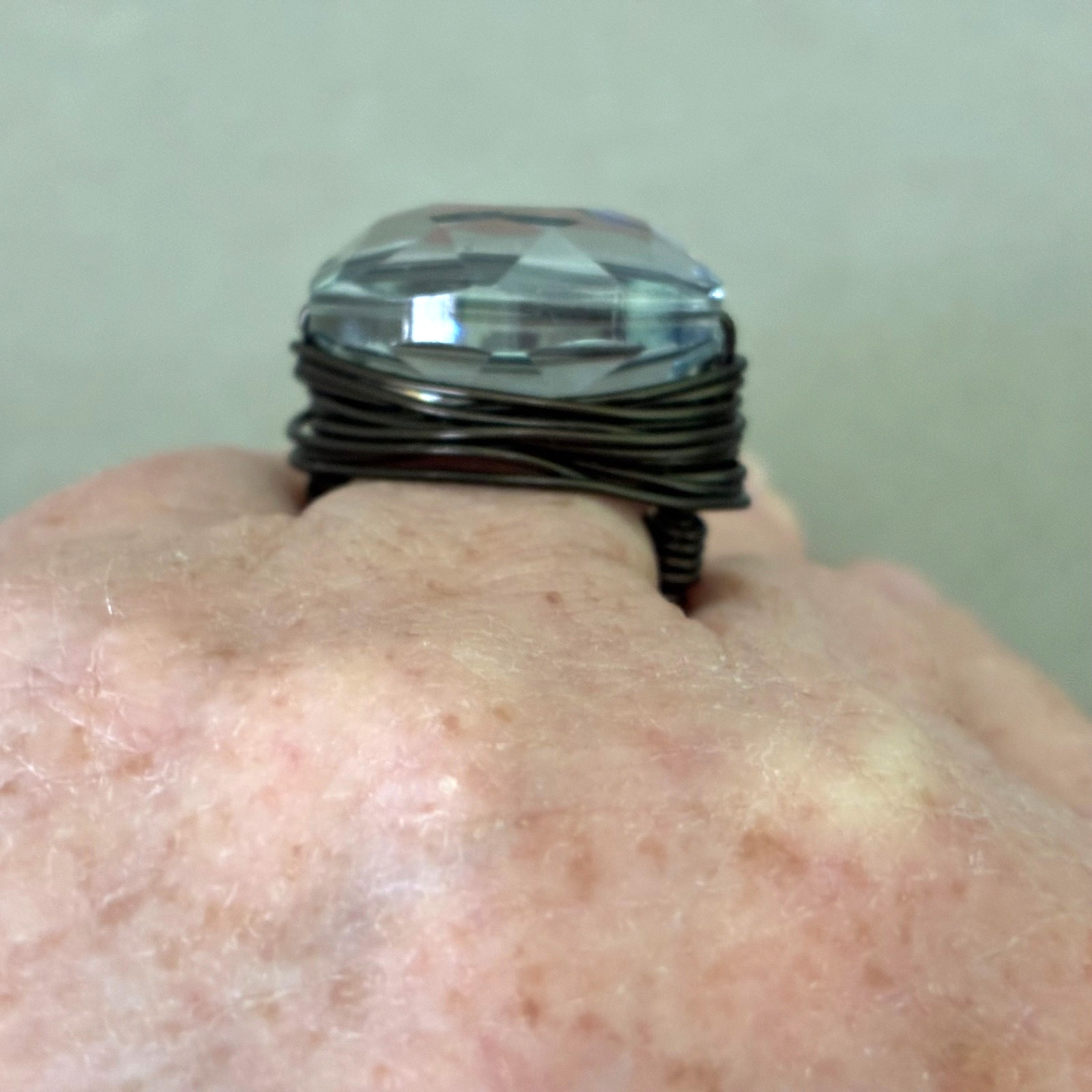Artisan Smoky Grey Oval Faceted Glass Bead & Wrapped Bronze Wire Ring ~ Size 7-8