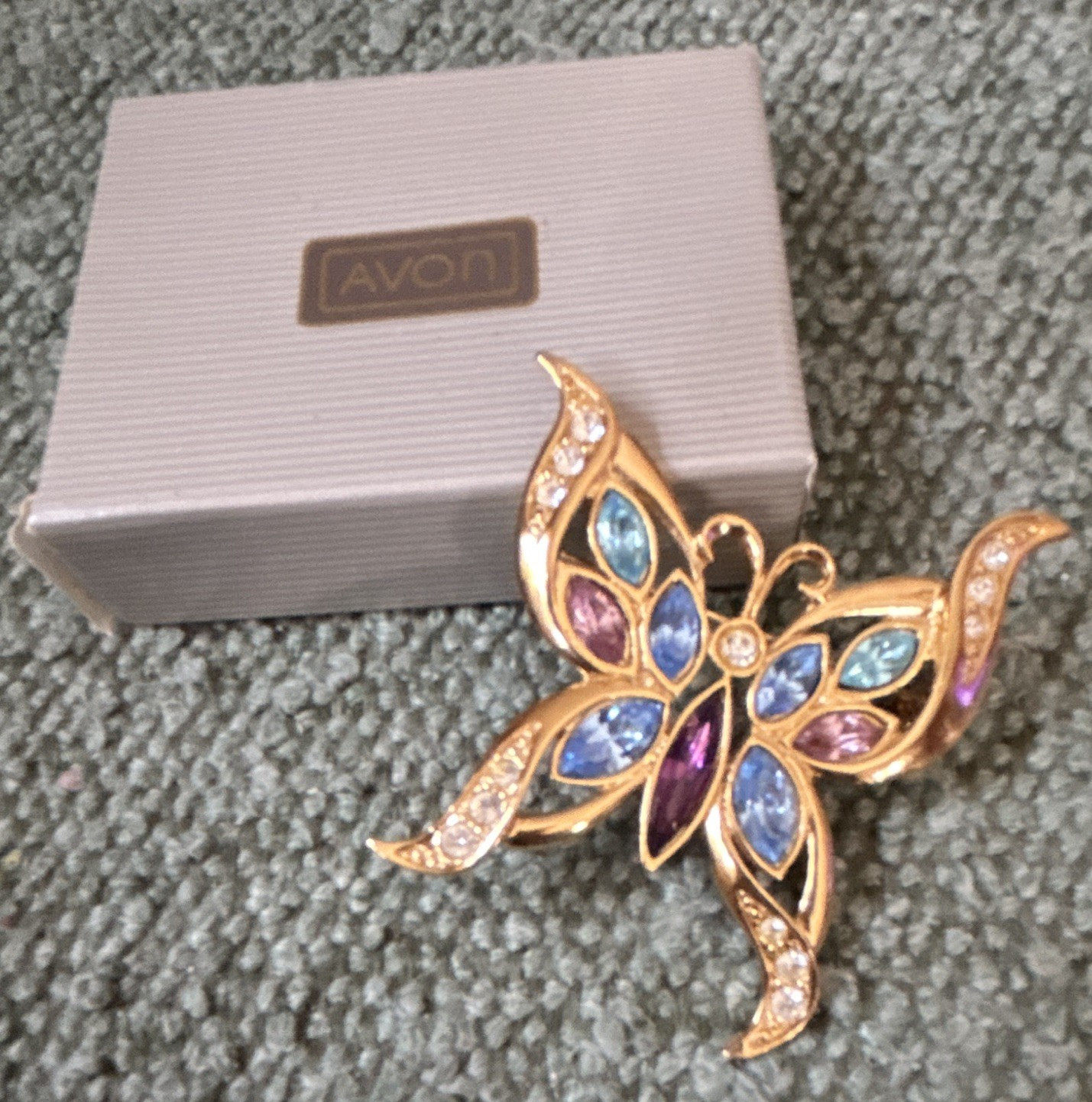 Avon Gold Tone Signed Butterfly Brooch Pin Blue Purple Clear Rhinestones