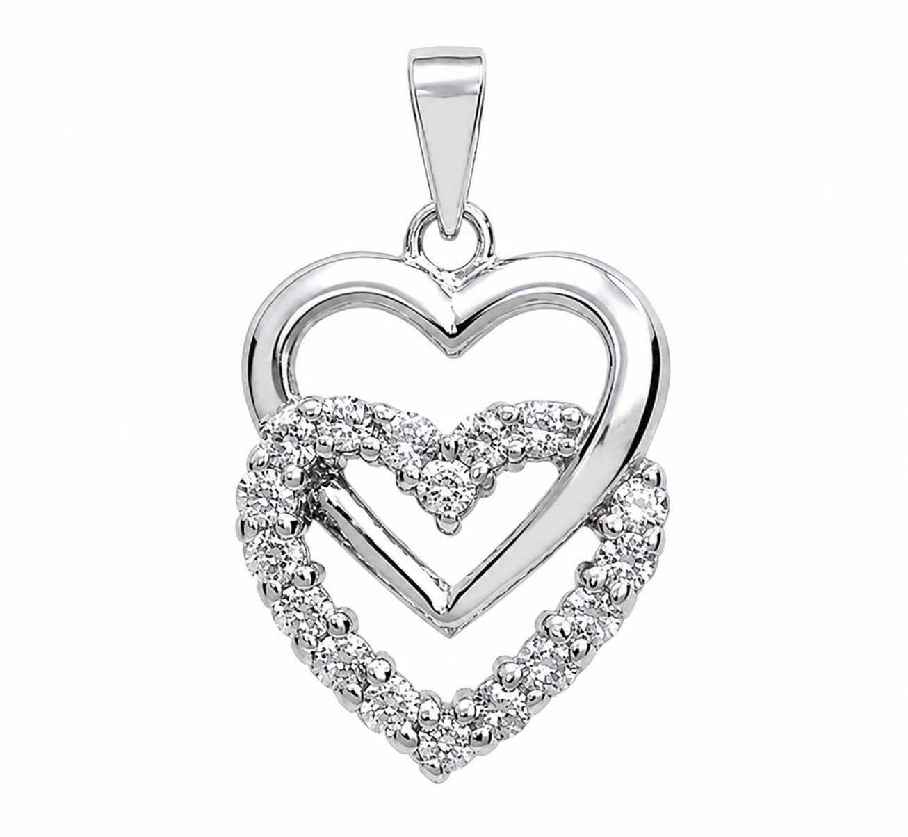 Sterling Silver 925 Double Open Heart CZ Pendant Rhodium Plated NEW