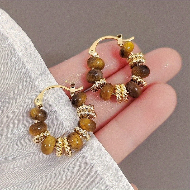 1 Pair Vintage Tiger Eye Stone Hoop Earrings Elegant Ear Clips Statement Jewelry