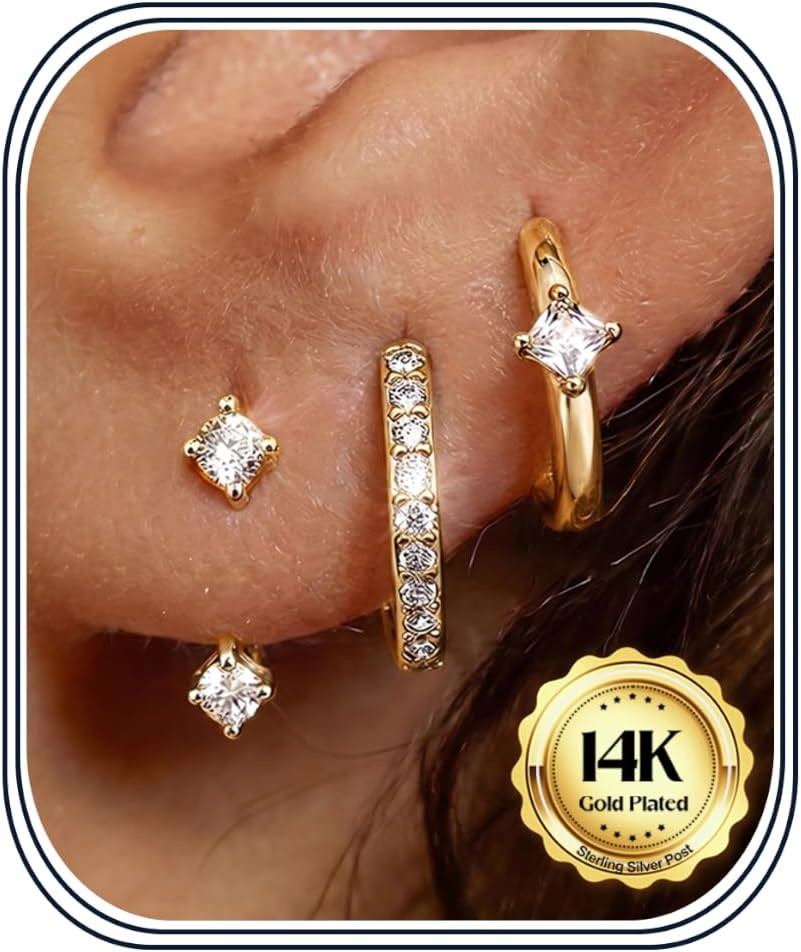 3 Pairs 925 Sterling Silver Earrings for Women, 14K Gold Plated Small Huggie Hoo