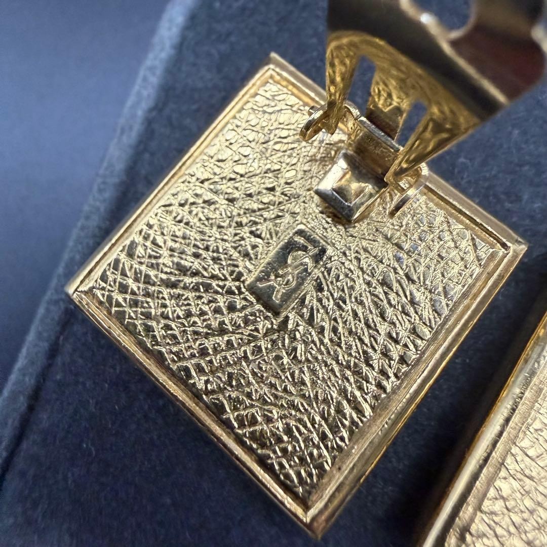 Yves Saint Laurent Earrings YSL Square Engraving Vintage Gold Tone From Japan