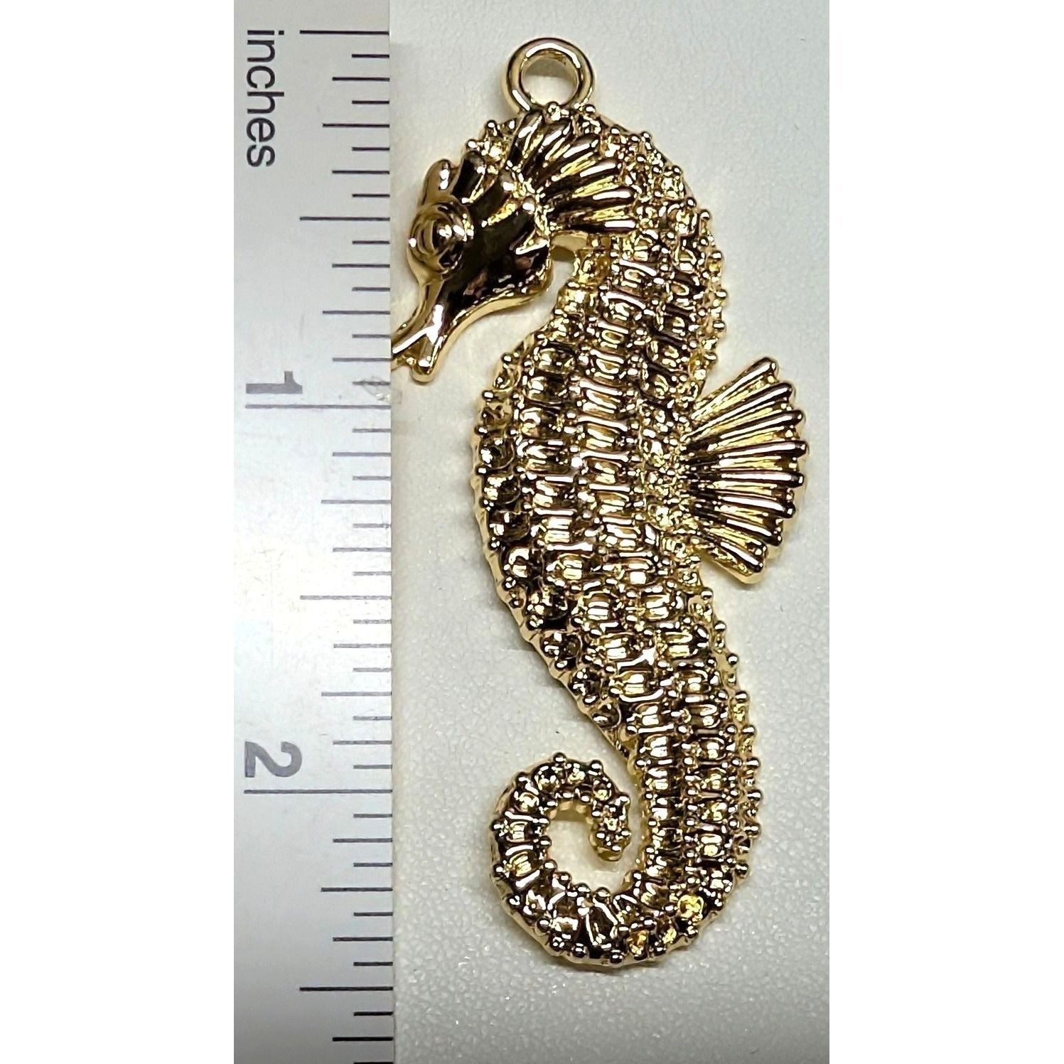 New Big 2.5″ Seahorse Pendant Charm Gold Tone Textured Nautical Beach Jewelry
