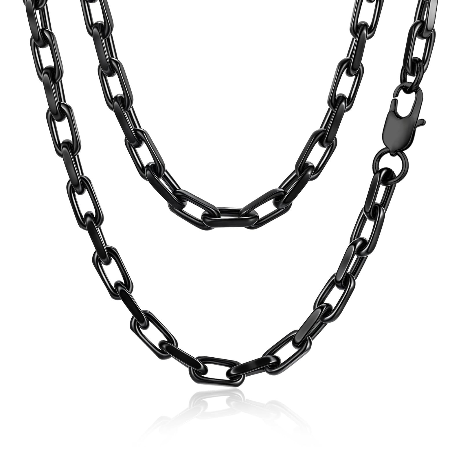 Black Paperclip Necklace for Men, 7mm Solid Diamond-Cut Chunky Stainless Stee…