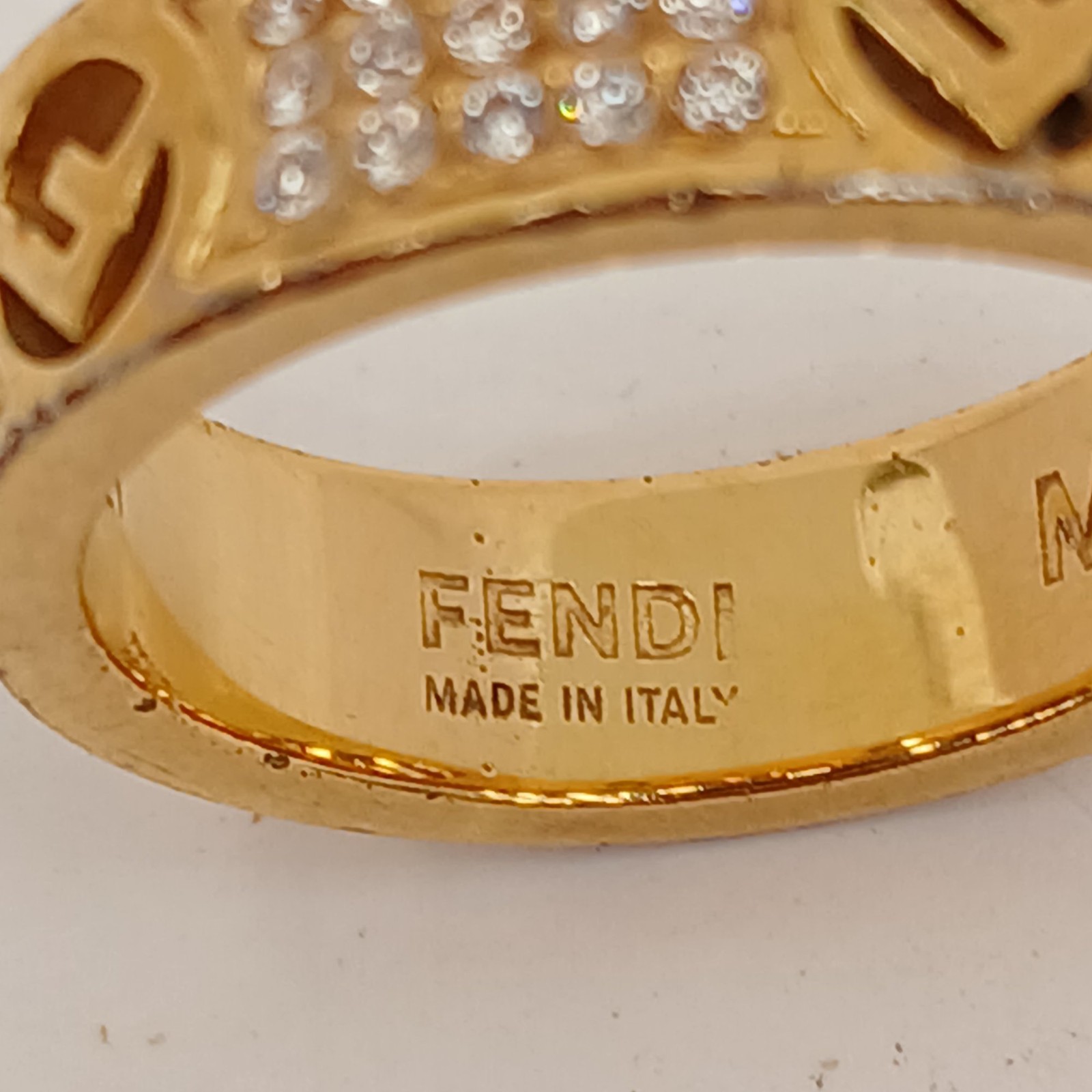 Fendi Designer Ring Gold Plated Size O Crystal Italian Authentic Preloved