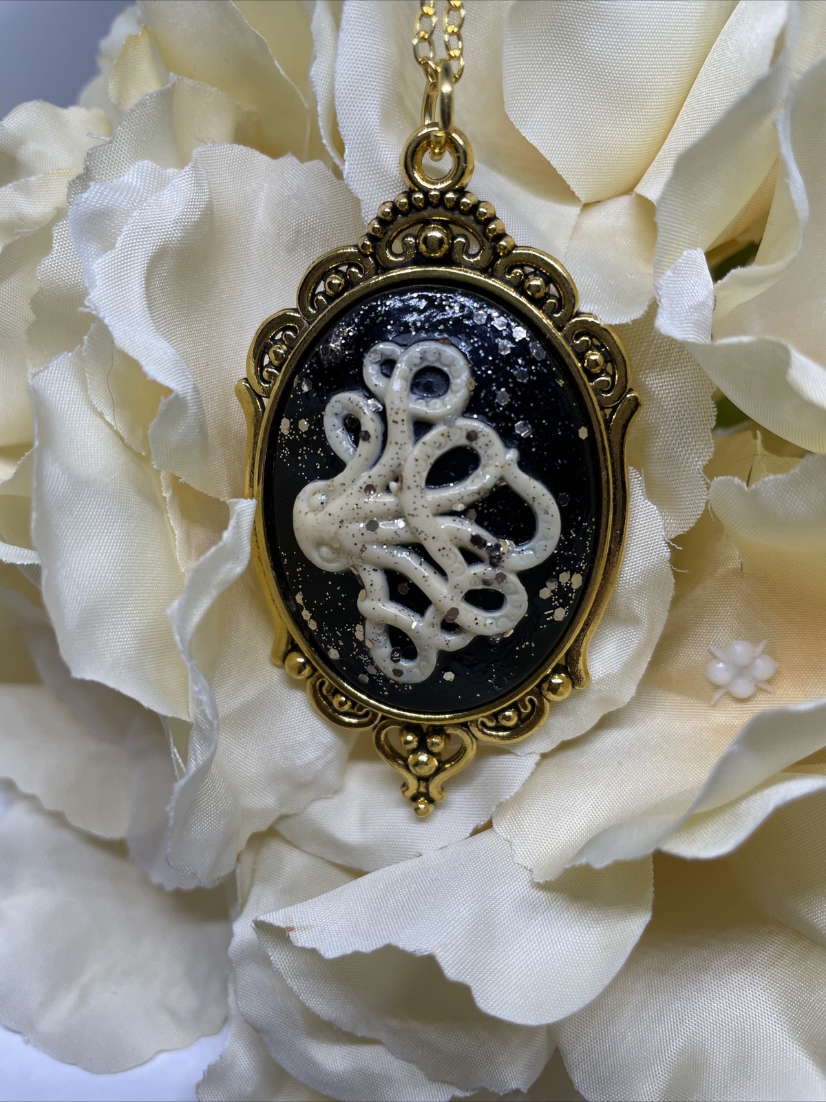 Octopus Ivory Black Cameo Gold Necklace Ocean Nautical Beach Kraken Nautical