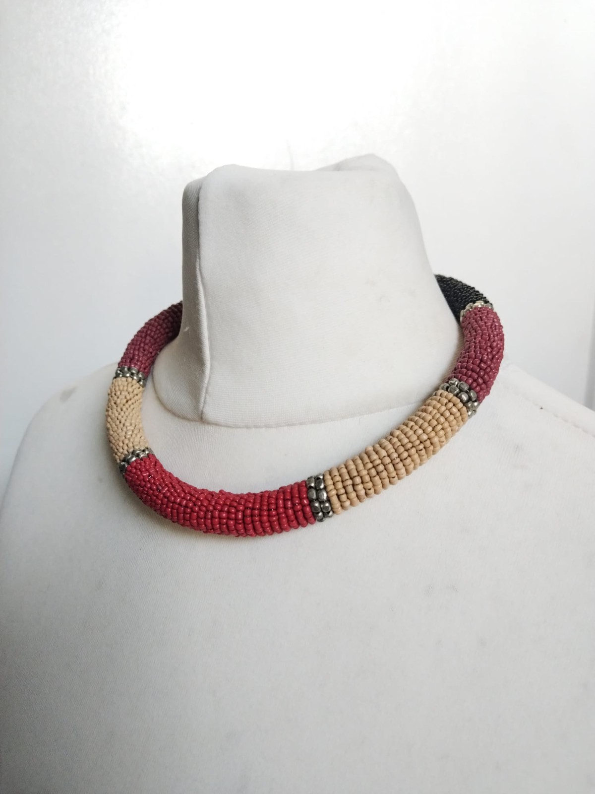 Pink Beige Black Silver Tone Beaded Thick Spring Tube Boho Necklace