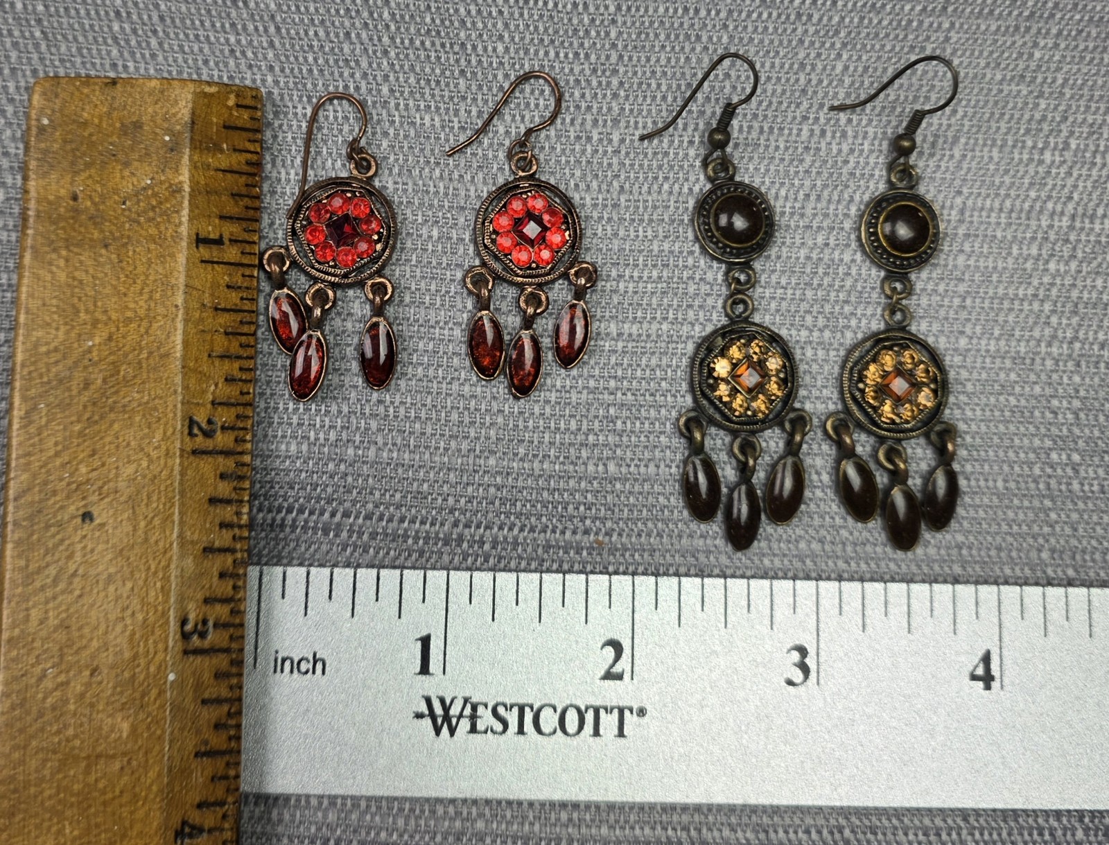 Michal Negrin Earrings Red & Dark Amber Crystals Brass Dangling Antique Lot Of 2