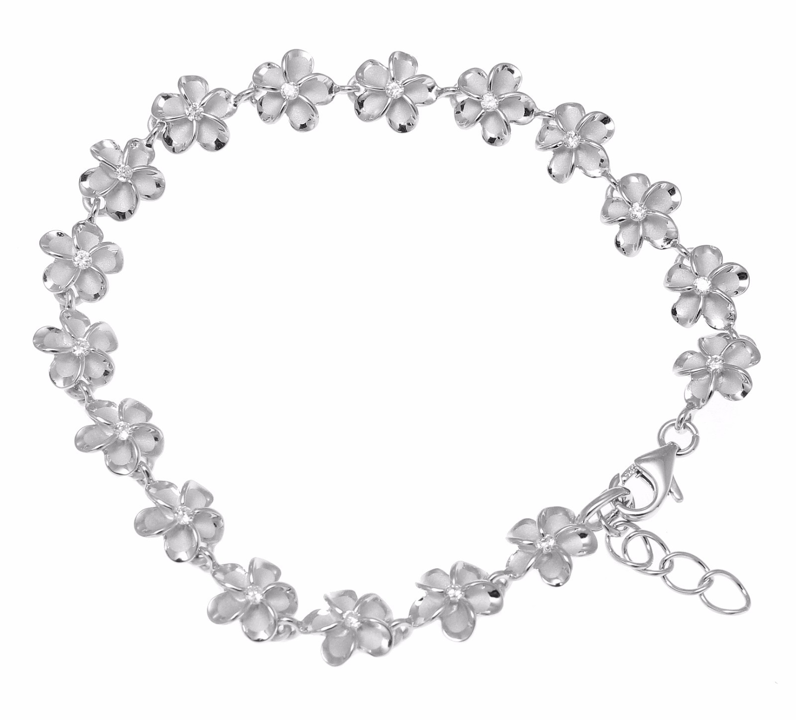 10MM STERLING SILVER 925 HAWAIIAN FANCY PLUMERIA FLOWER ANKLET RHODIUM 9.5 INCH