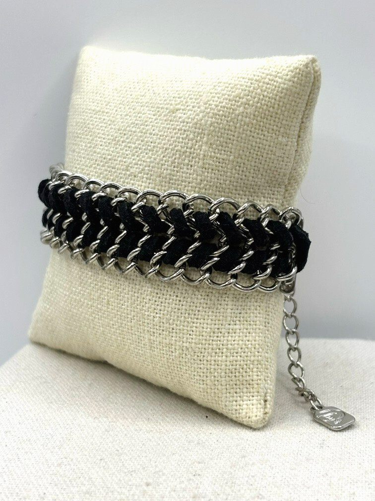 You And I Black Suede Silver Tone Weaved Chainmail Bracelet 9 Inch
