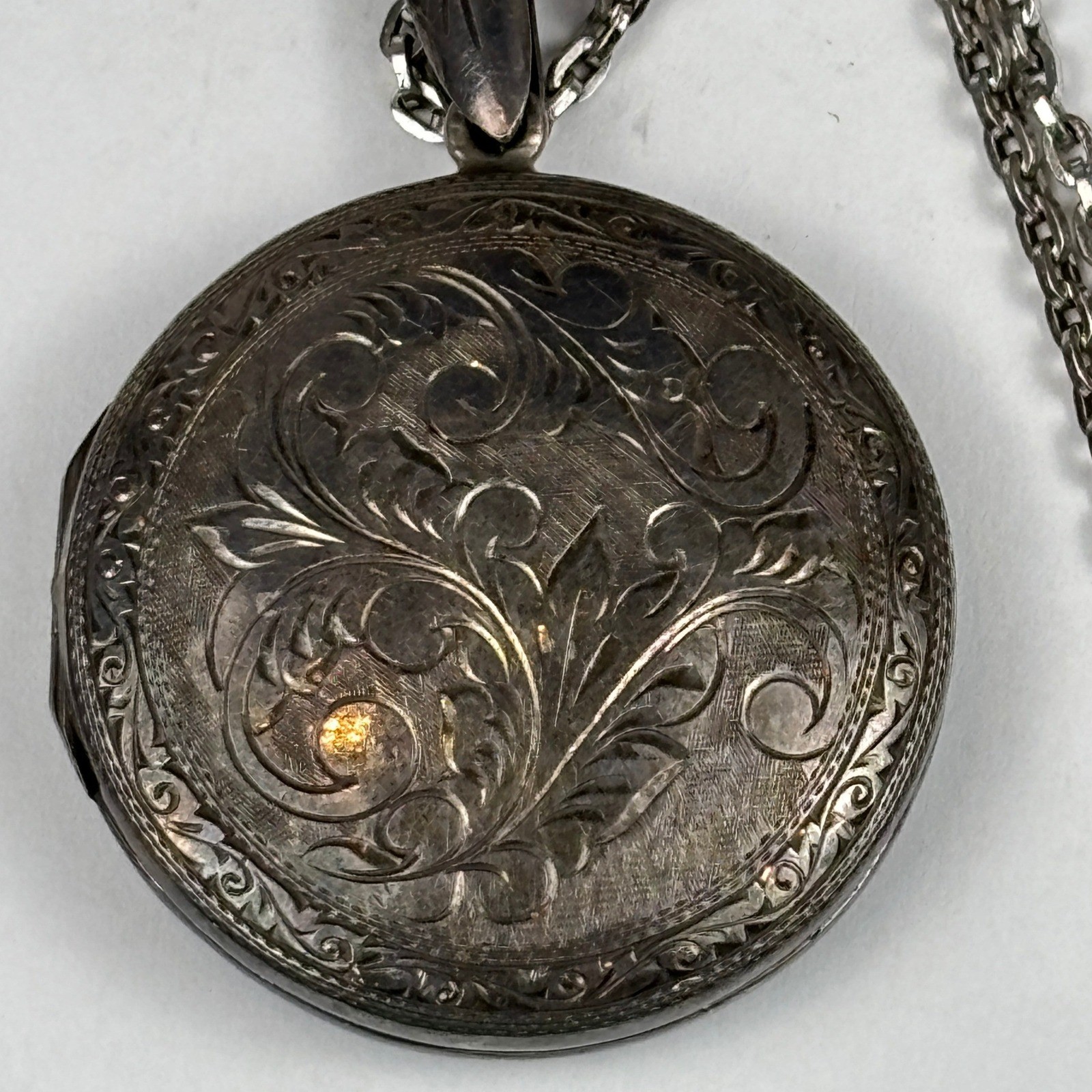 Antiq Large Round Locket Ornate Hand Engraved Scrollwork S Mark