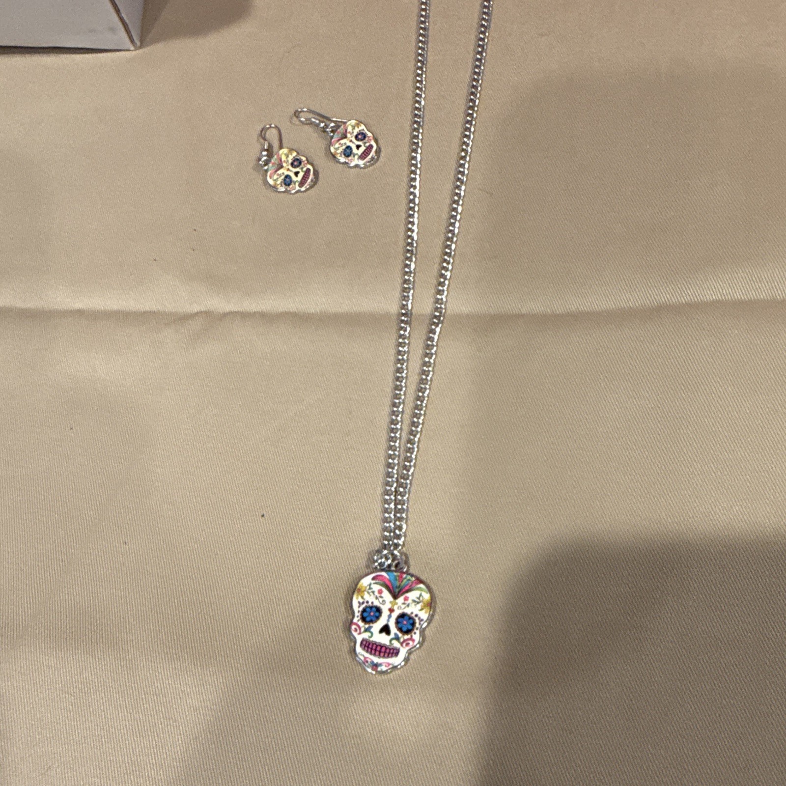 Silver Tone Multicolor Skull Pendant Necklace & Dangle Earrings Jewelry Set