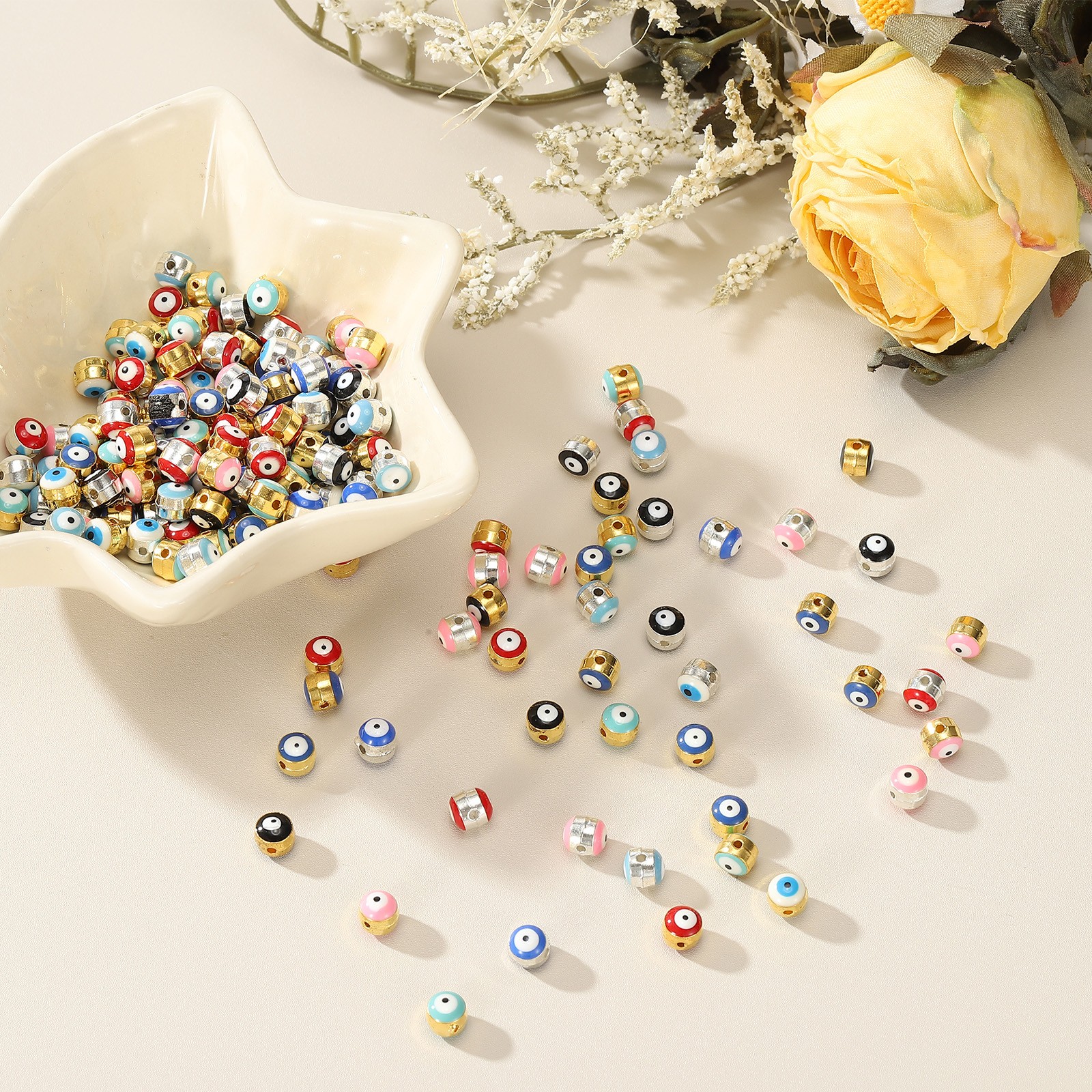 5mm Enamel Evil Eye Bead, 50Pcs Silver Plated Turkish Evil Eye Charm, Blue