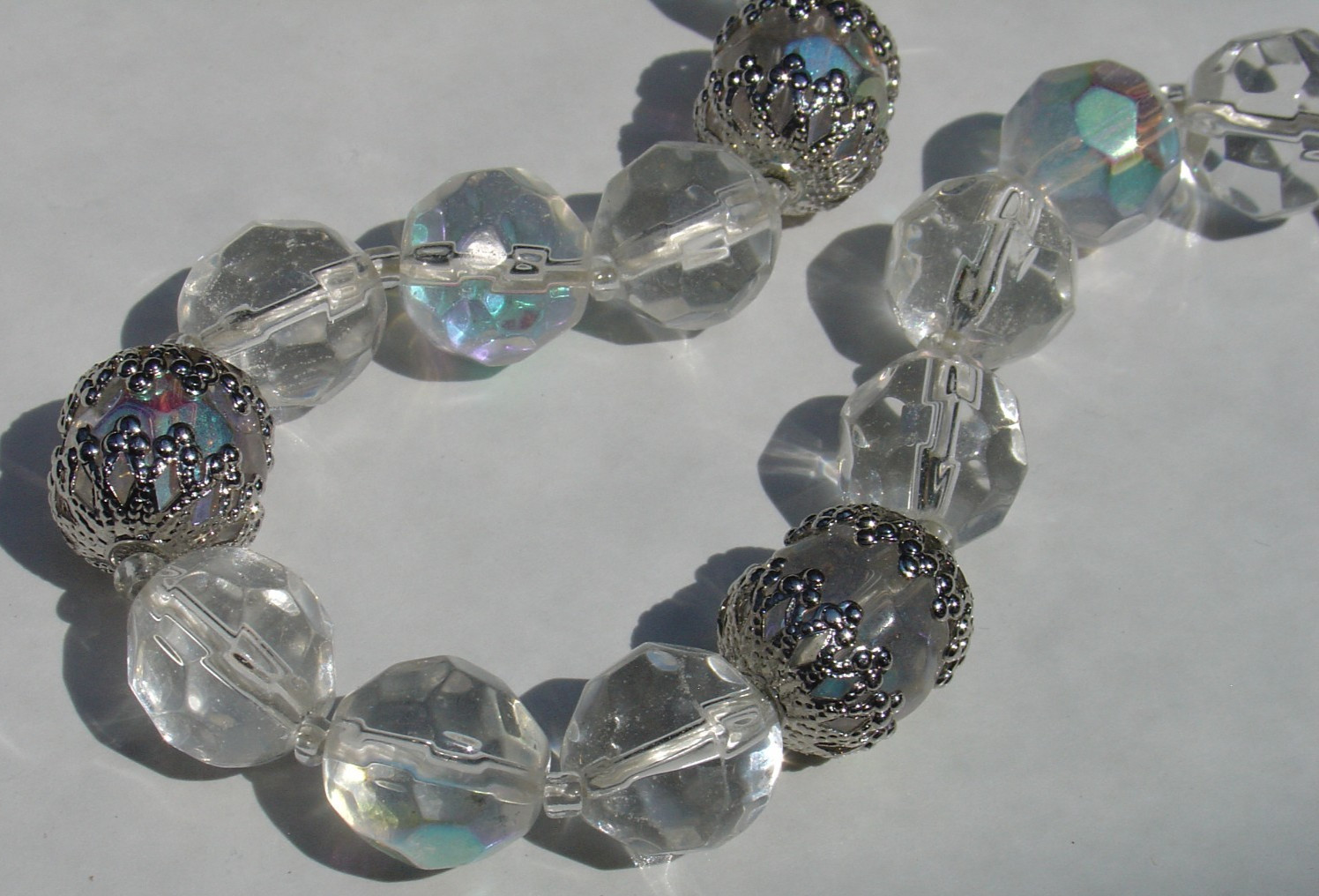 Birch Hill Large Faceted Clear Glass Bead Necklace Some AB Aurora Borealis