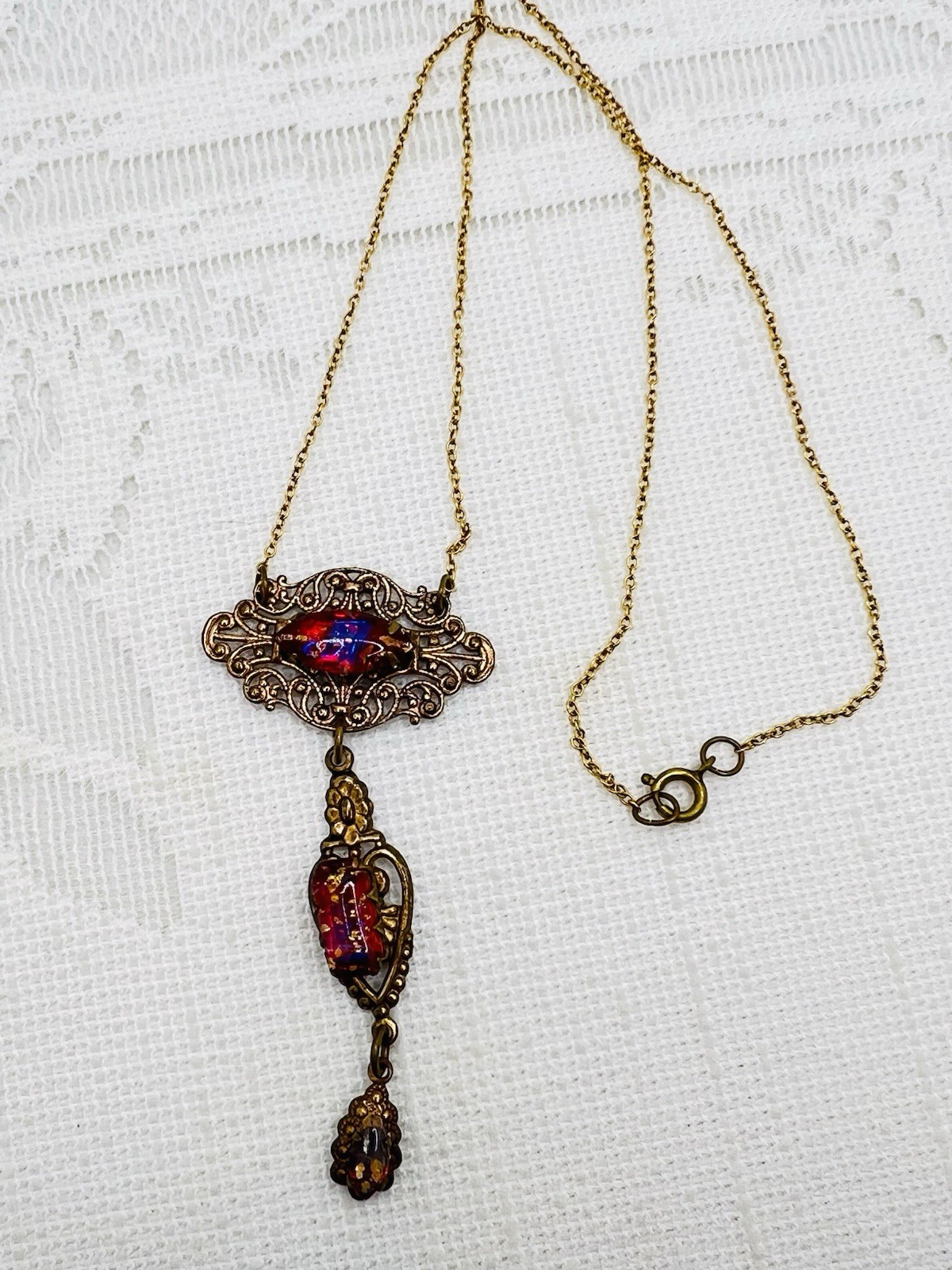 Art Nouveau Blue Red Foil Dragon Glass Brass Filigree Lavaliere Necklace