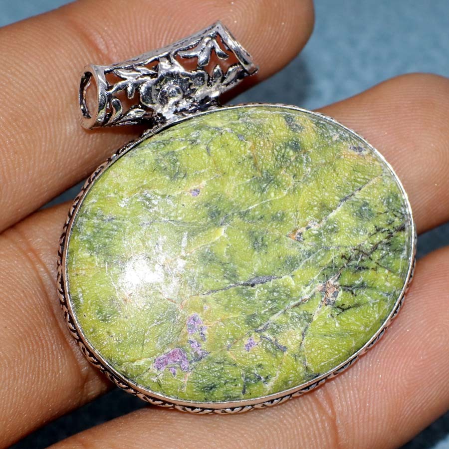 925 Silver Plated Chunky Stichtite Pendant 1.7″ Gift For Sister Trendy GW