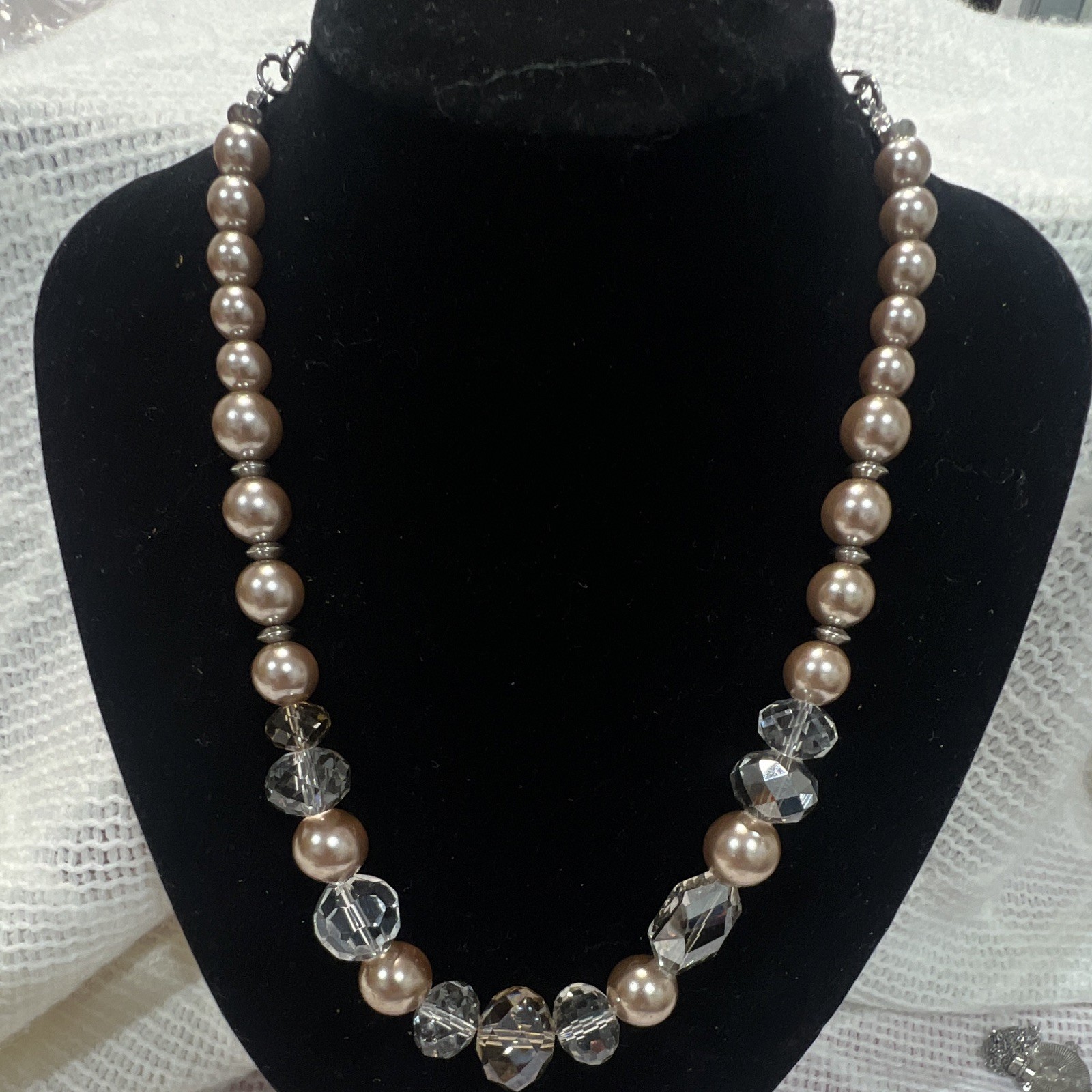 White House Black Market Brown Simulated Pearl Crystal Beaded Necklace Adjust