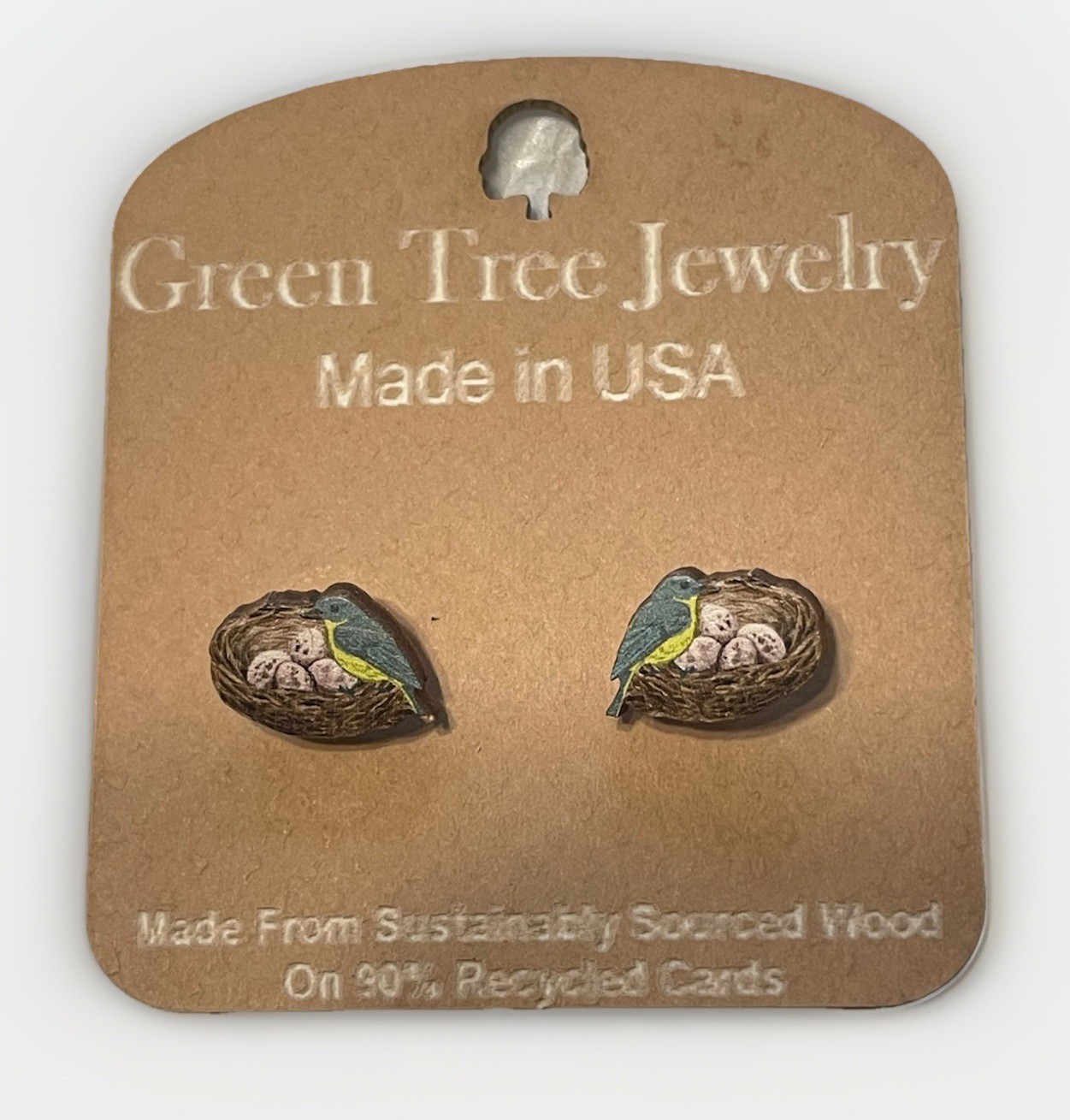 Green Tree Jewelry Bird in Nest Wood Earrings Egg Studs Made in USA Gift Boxed