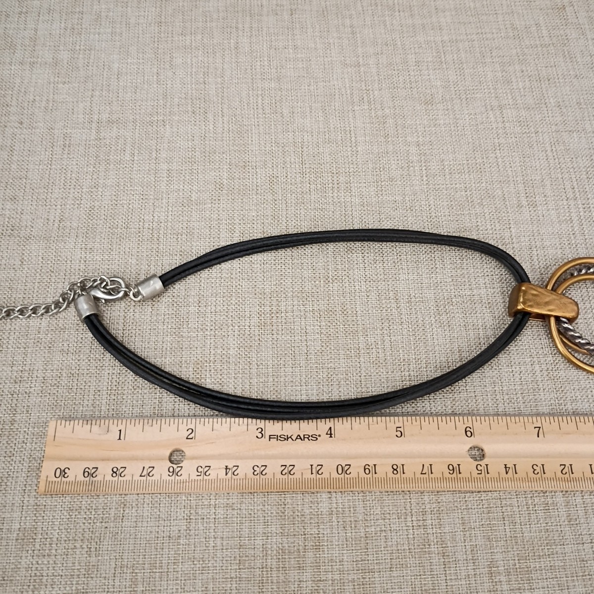 Mixed Metals Circle Pendant Gold Brass Silver Tone Black Cord Necklace Statement