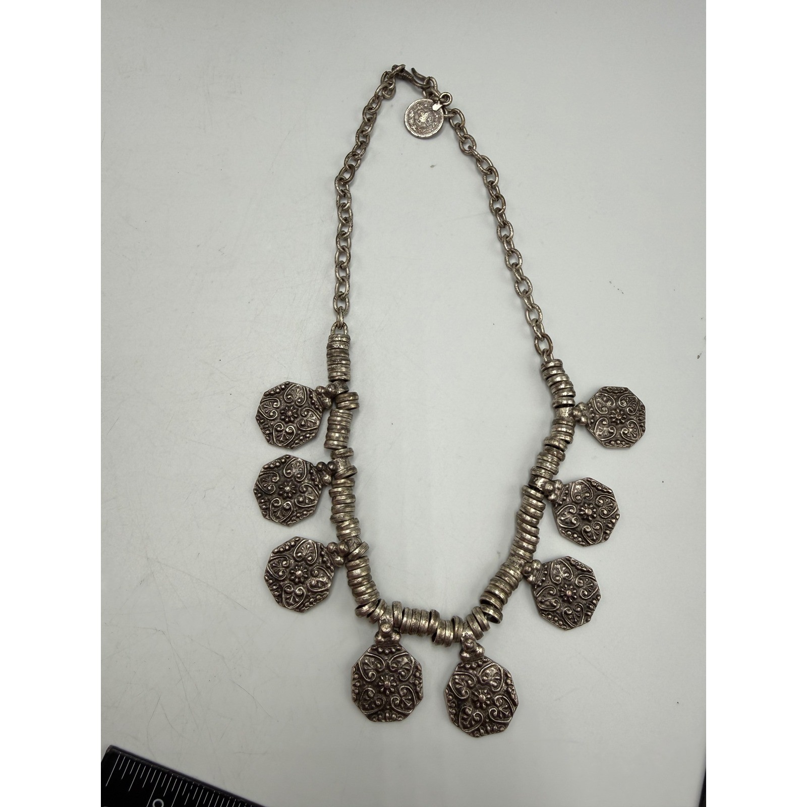 Boho Silver Tone Etched Hexagon Charm Statement Necklace Ethnic Coin Detail 20″
