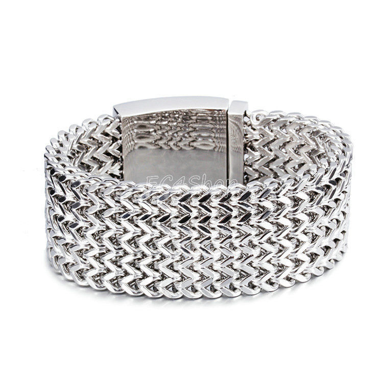 Men’s Heavy Wide Meshed Curb Link Franco Chain Sliver Stainless Steel Bracelet