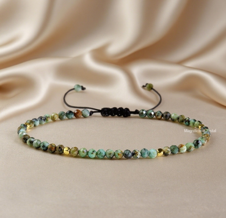 African Turquoise Bracelet 3MM Faceted Beaded Blue Gemstone Minimalist Jewelry