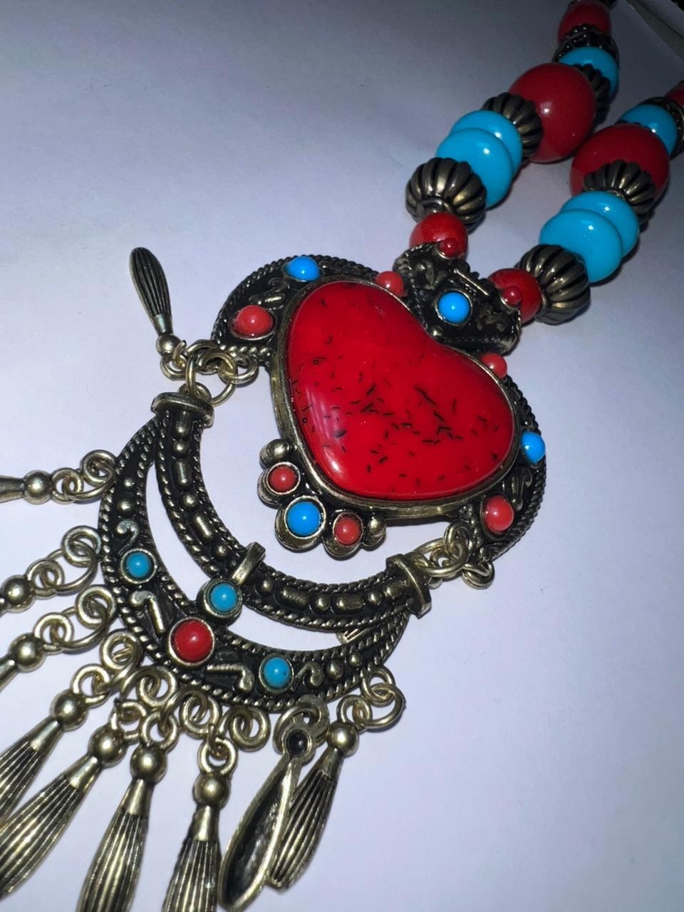 Vintage Tibetan Style Boho Statement Necklace Red Heart Pendant Ethnic Jewelry