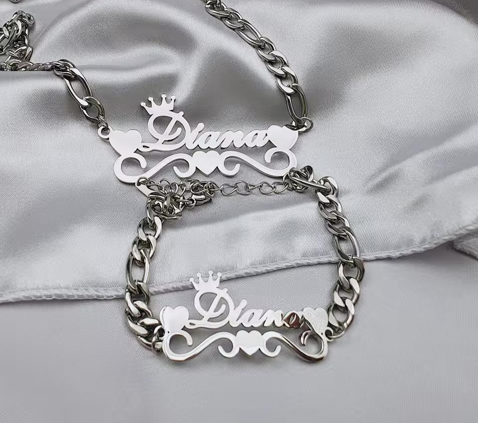 Custom Name Jewelry Set Bracelet Necklace Heart Gold Silver Stainless Steel Gift
