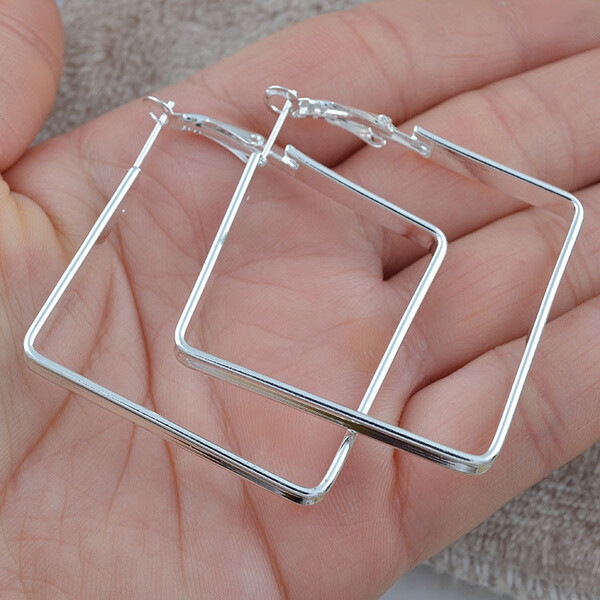 Elegant 925 Sterling Silver New Fashion Square Dangle Drop 2.25″ Hoop Earrings
