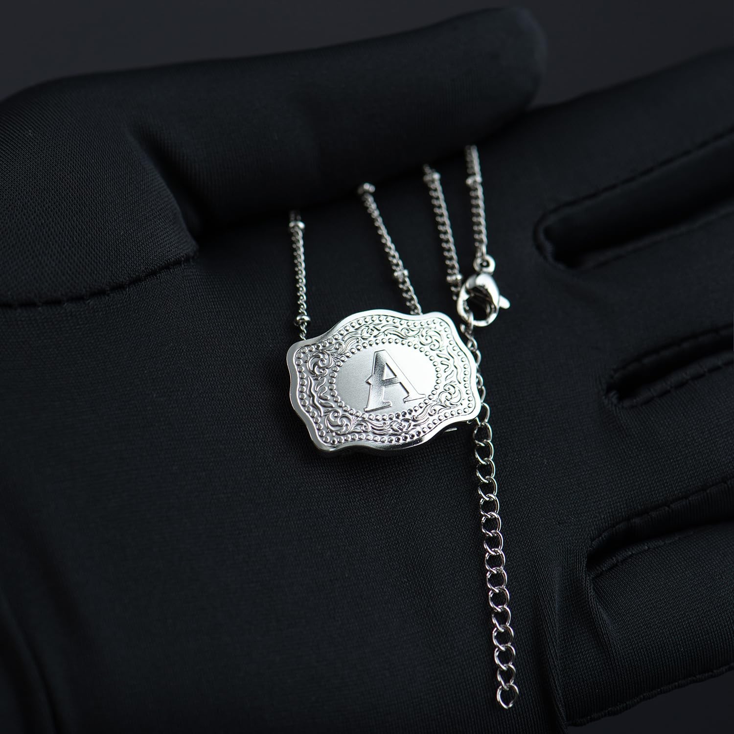 Rhodium-Plated Initial Letter Pendant Necklace with Embossed Belt Buckle, Wes…
