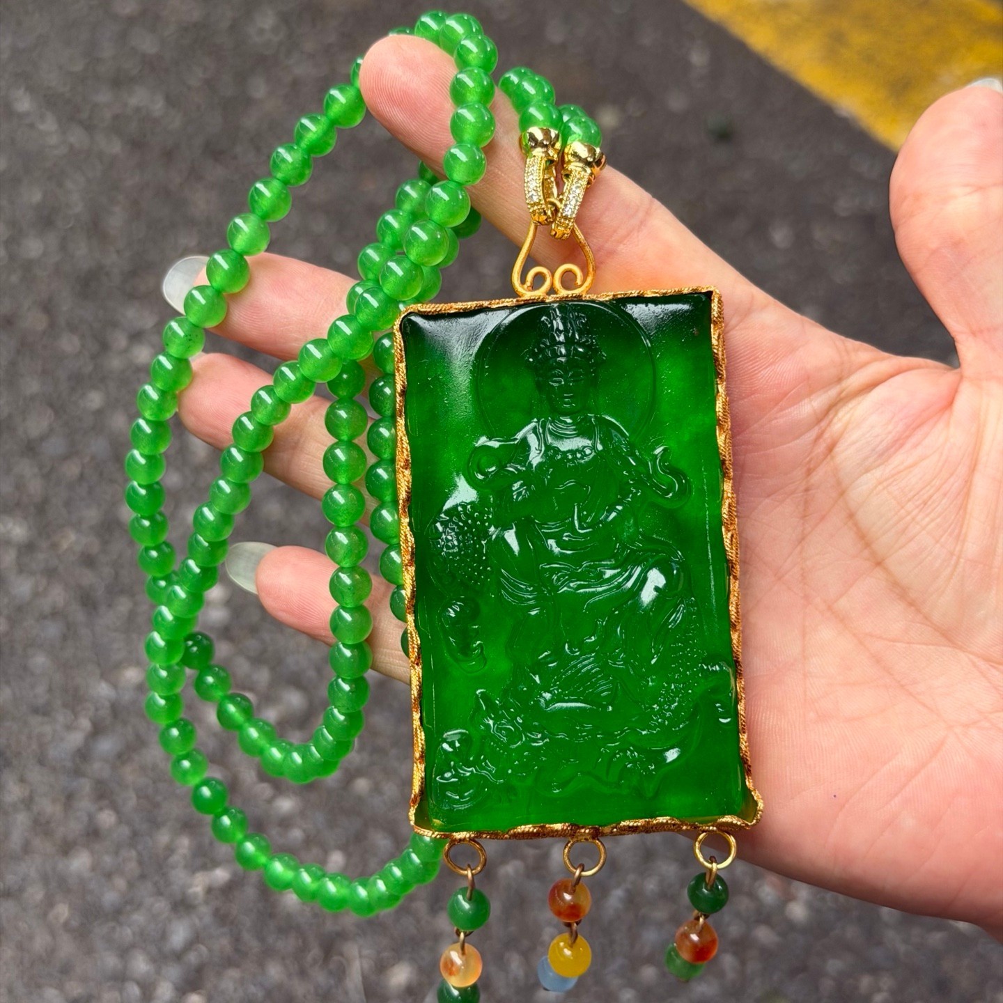 Natural ice inlay Green Jade Jadeite Dragon Kwanyin Pendant&Necklace 鎏金乘龙观音
