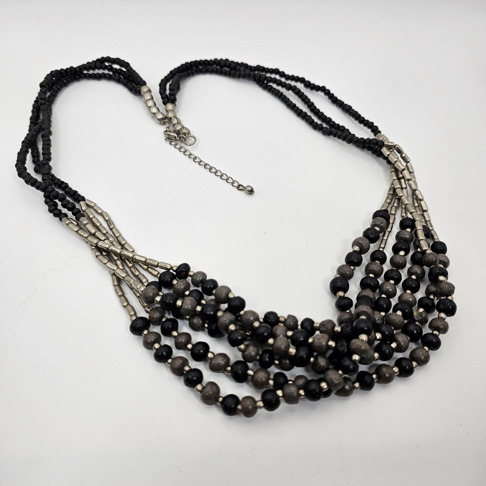 Multi Strand Beaded Necklace Black Gray Silver Tone Statement
