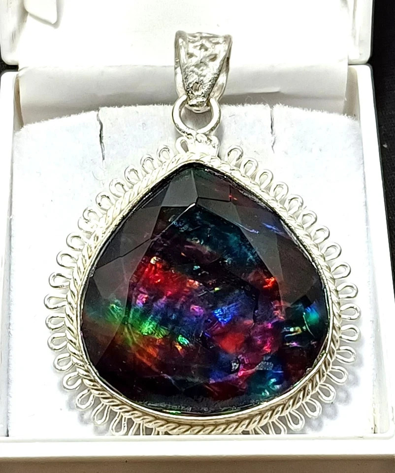 72.15 Ct Natural Ammolite Doublet Certified Gemstone Pendant With Sliver Chain
