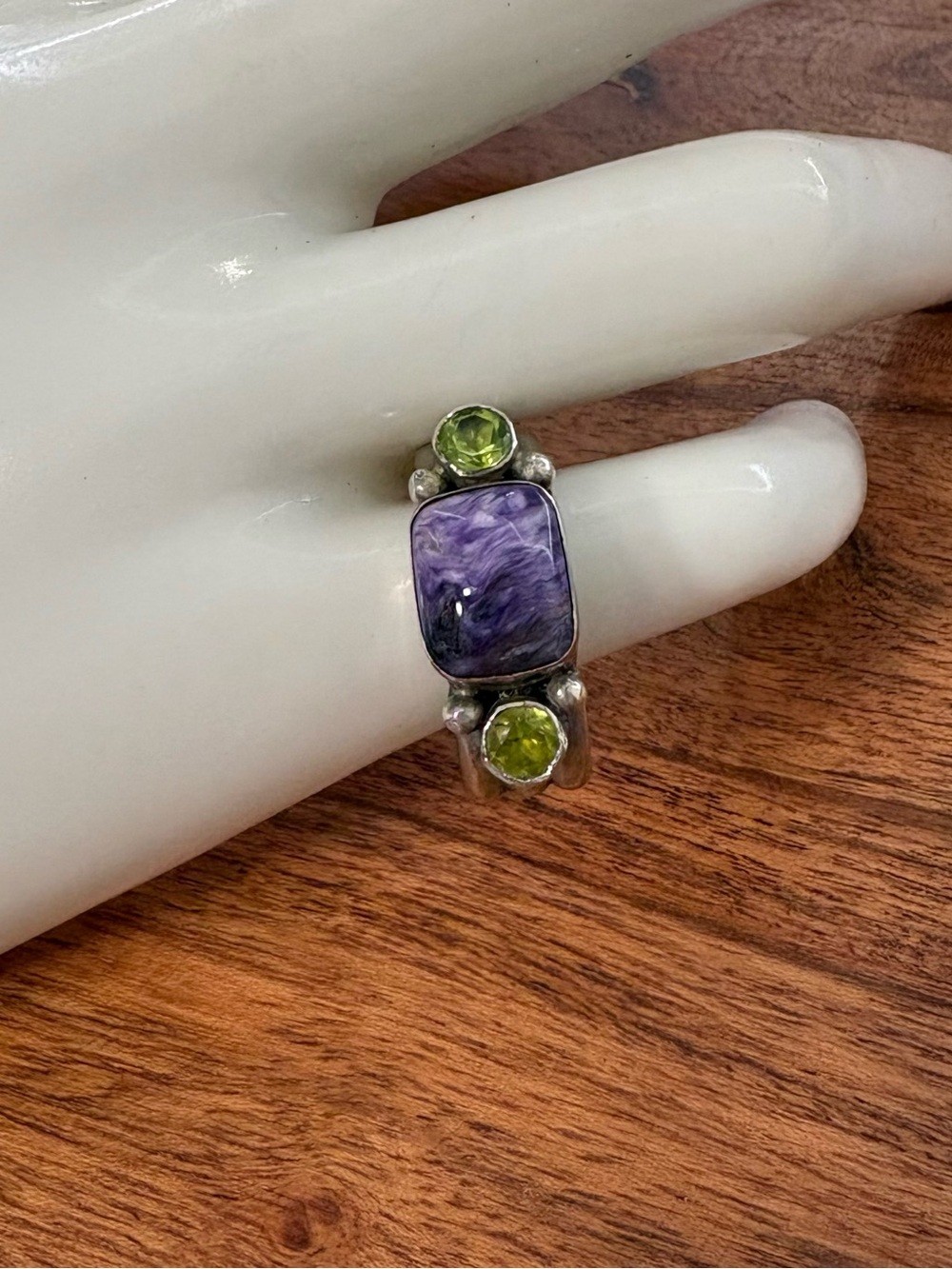 Bohemian Inspired Sterling Silver Ring with Purple and Green Stones – Size 7.5