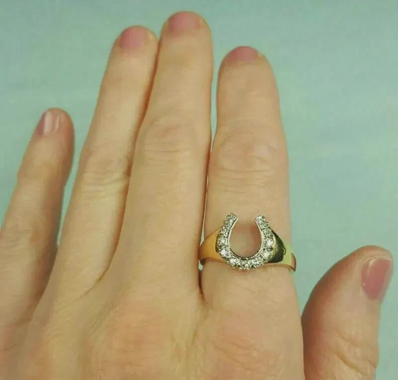 Lucky Horseshoe Ring Gold Tone CZ Crystal Western Equestrian Ring for Women US