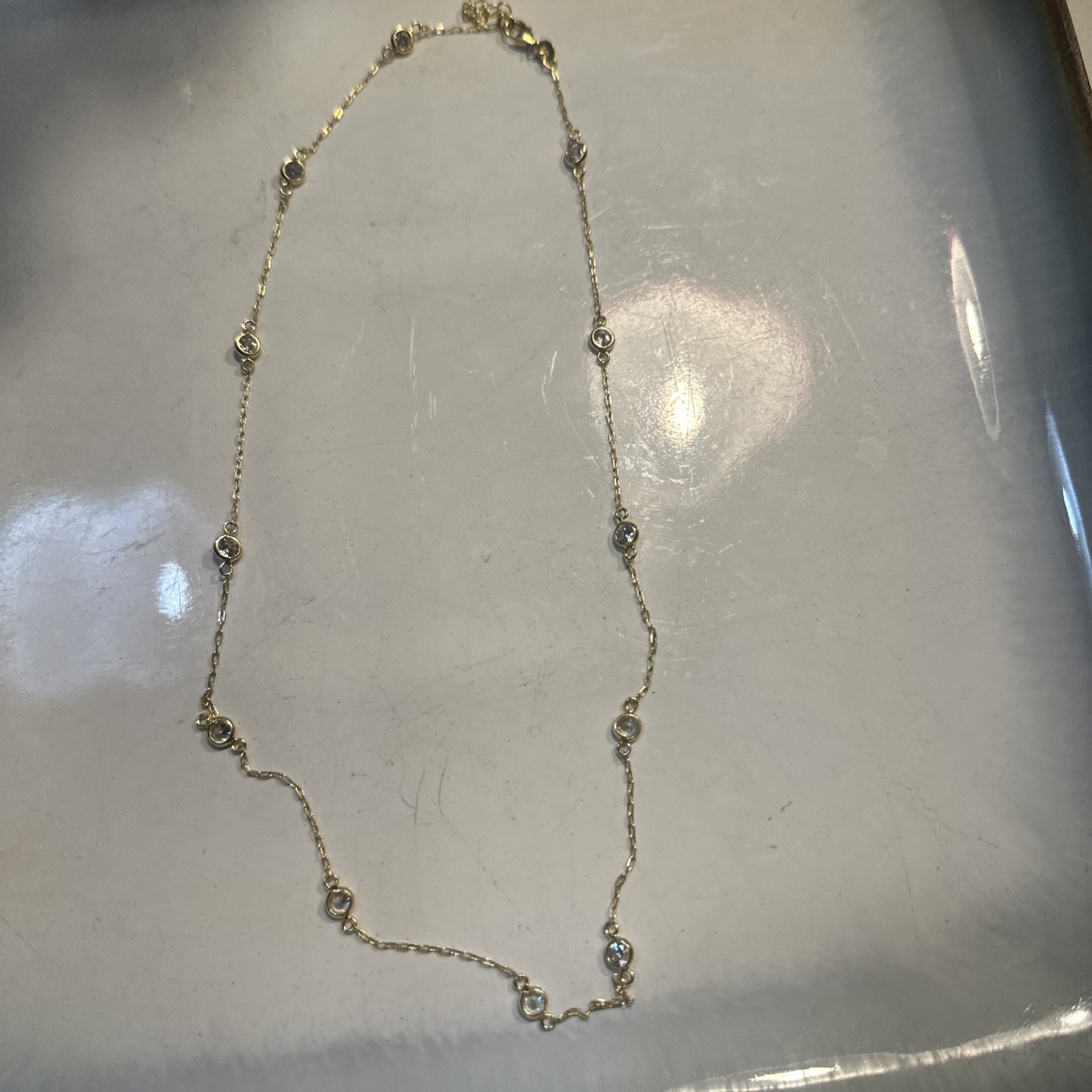 Silver Tone Station Bezel Set Round Crystal Cable Chain Necklace, Lobster