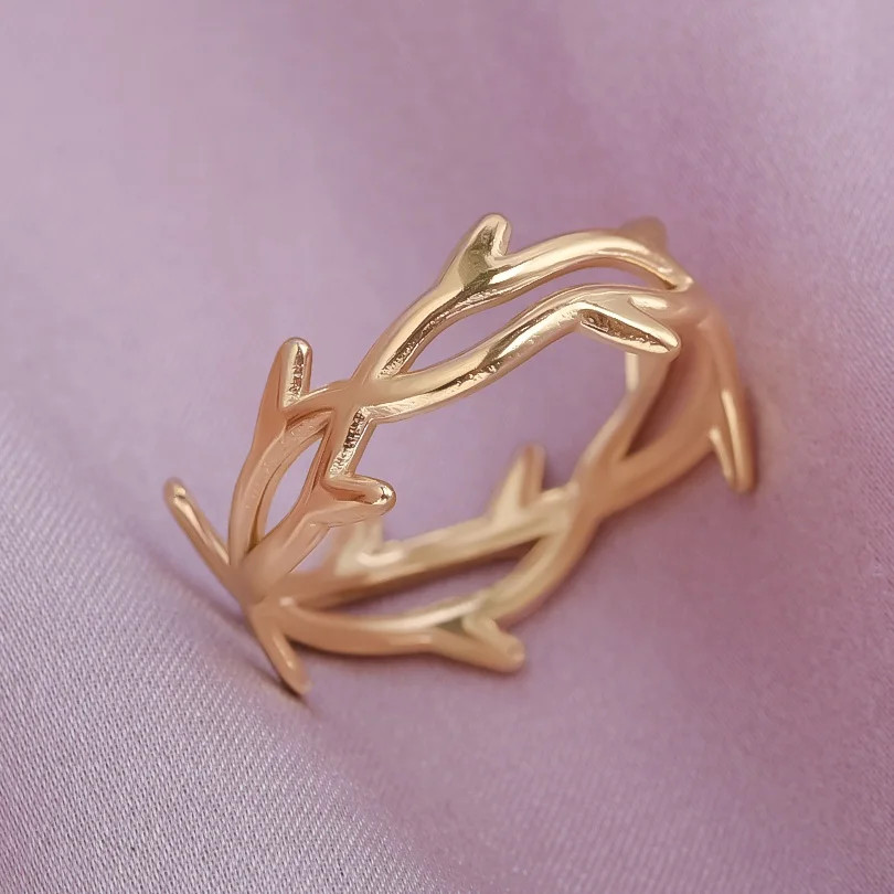 2PCS Stainless Steel Ring Leaf Water Droplet Adjustable Gold Plated Jewelry